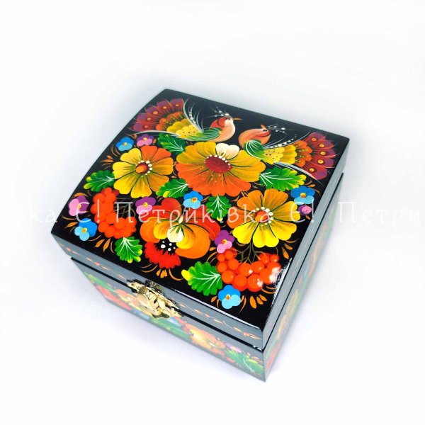 Шкатулка прямокутна  з Петриківським розписом 11 *11*10,5 см "З пташками" з бархатом