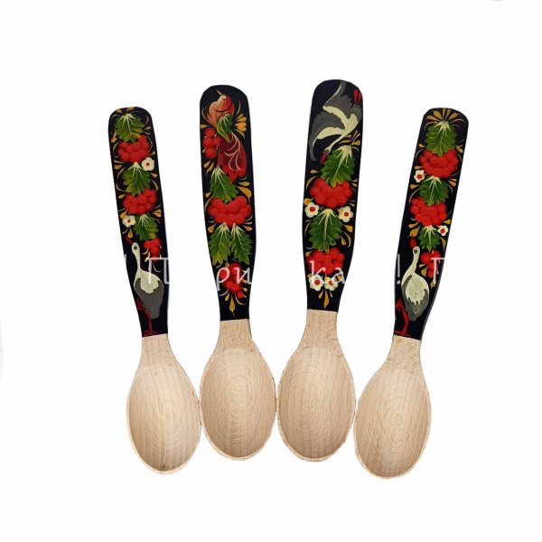 Ложка мала столова (довжина 17 см) з Петриківським розписом "Лелеки в калині". Розписані дві сторони