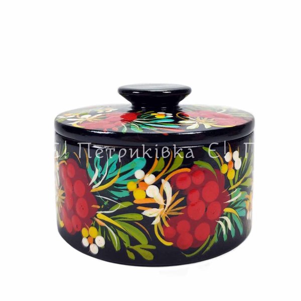 Солонка з кришкою (висота 6 см) з Петриківським розписом "Стигла калина"