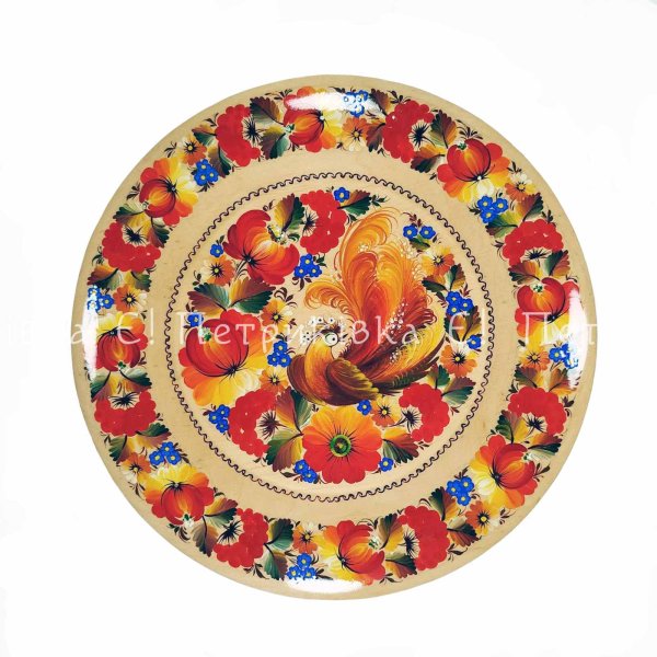 Тарілка з Петриківським розписом 22 см "Жар-птиця у квітах 3" по дереву