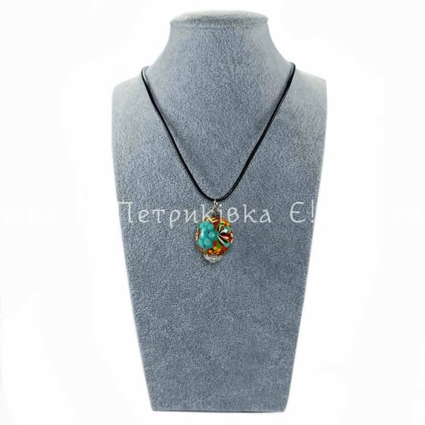 Кулон-намистина з Петриківським розписом "Бірюзова калина" на червоному