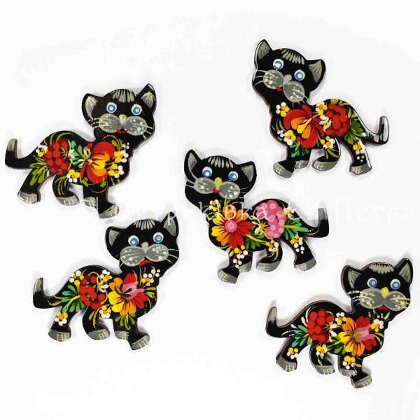 Магнит с Петриковской росписью "Чёрный кот" (ширина 8 см)