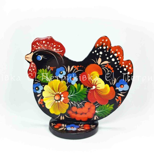 Квочечка на підставці з Петриківським розписом чорна (10х8,5 см)