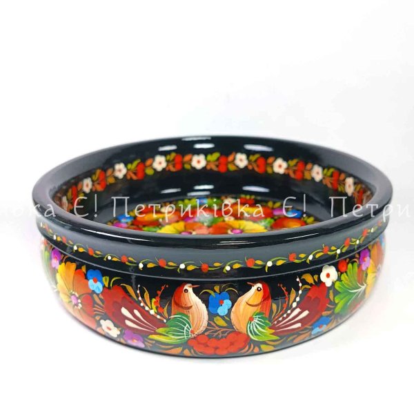 Candy dish (diameter 22 cm) with Petrykivka painting “With birds”