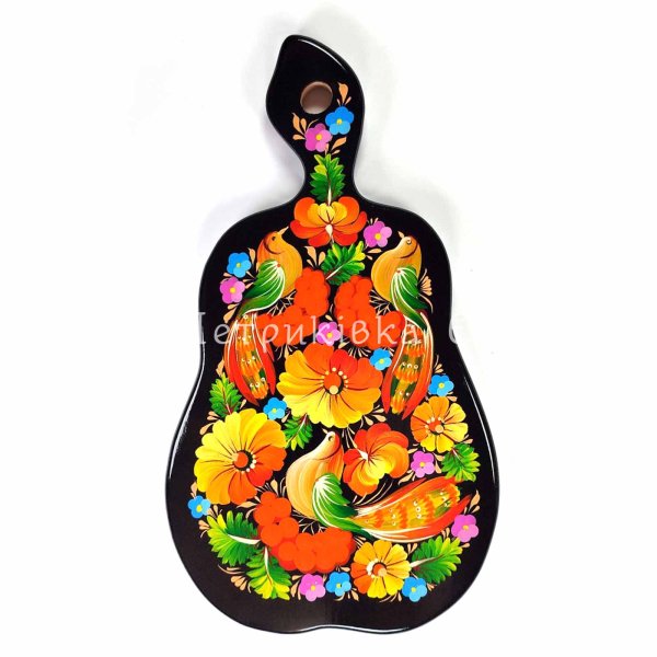 Large pear-shaped kitchen cutting board with Petrykivka painting “Three cuckoos” (31x18 cm)