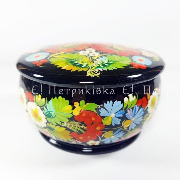Шкатулка Петриківський розпис  діаметр 9,5 см "Букет" кругла