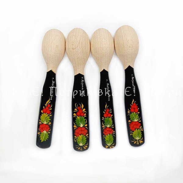 Ложка мала столова (довжина 17 см) з Петриківським розписом "Лелеки в калині". Розписані дві сторони