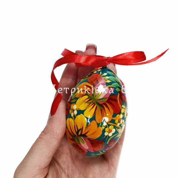 Яйце пасхальне (Писанка) 7,8*5 см Петриківський розпис на стрічці (бірюзове)