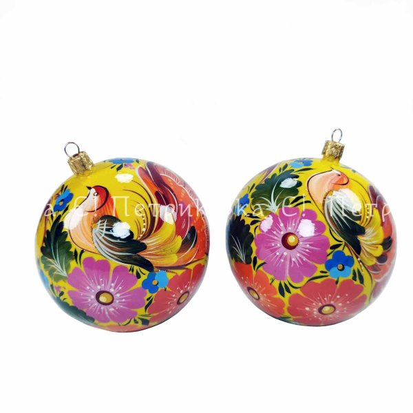 Ялинкова куля 10 см з Петриківським розписом "Казкові птахи"