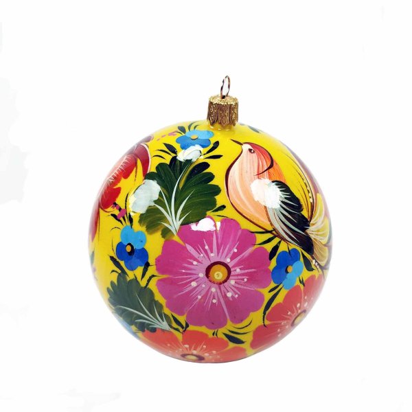 Ялинкова куля 10 см з Петриківським розписом "Казкові птахи"