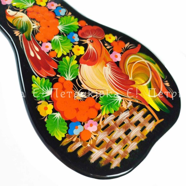 Дошка грушка мала (26х14 см) з Петриківським розписом "Півник з пташкою"