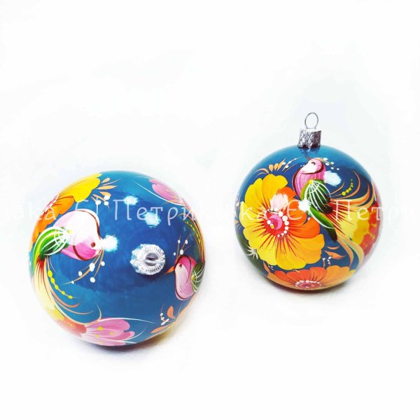 Шар ёлочный 8 см с Петриковской росписью "Диво-птица" по бирюзовому