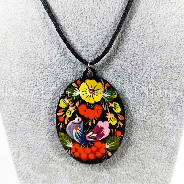 Кулон круглый Петриковская роспись "Птичка" двусторонний 