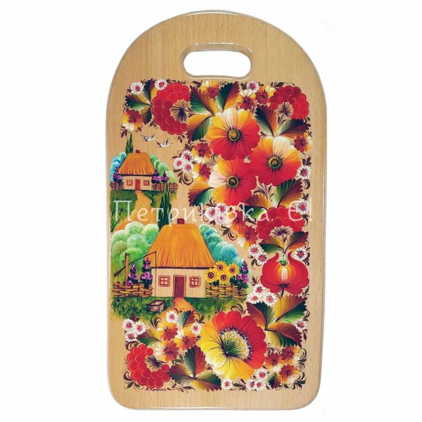 Дошка велика (32*17,5 см) з Петриківським розписом "Сельский краєвид " по дереву