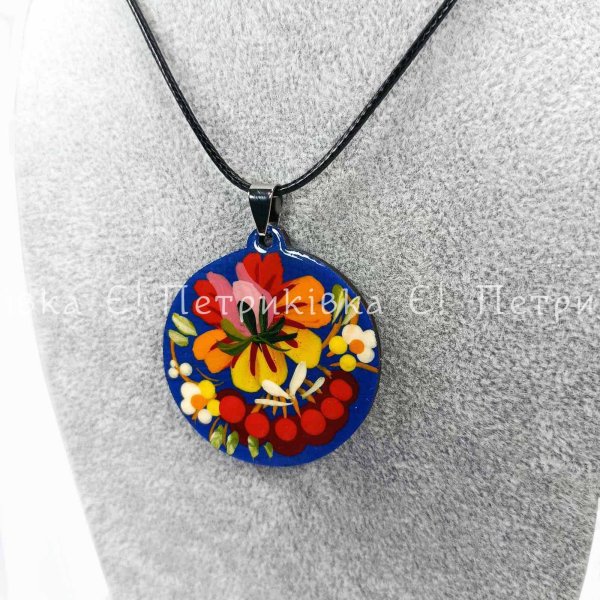 Кулон круглый с Петриковской росписью "Синий" новая фурнитура
