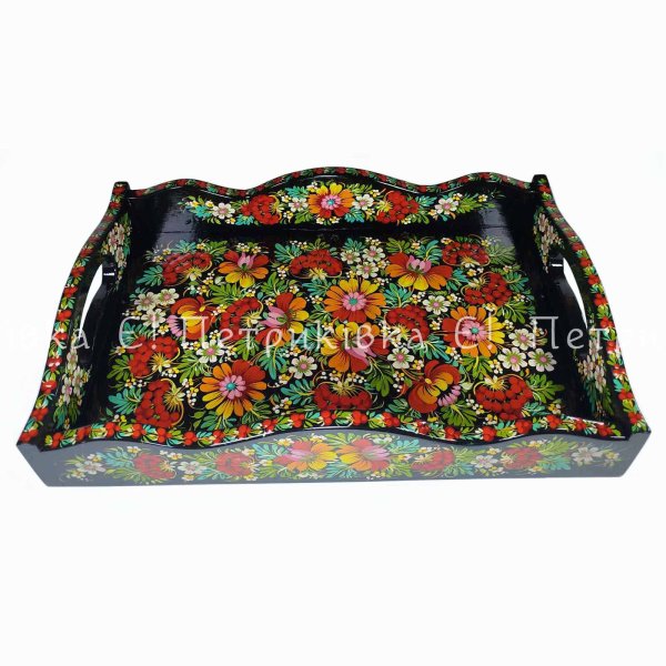 Піднос дерев'яний (таця) (42х27 см) з Петриківським розписом "Букет". Фігурний
