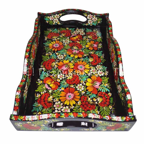 Піднос дерев'яний (таця) (42х27 см) з Петриківським розписом "Букет". Фігурний