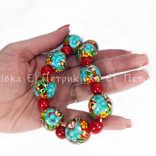 Набір намисто та сережки Петриківський розпис 9 бусин на червоному
