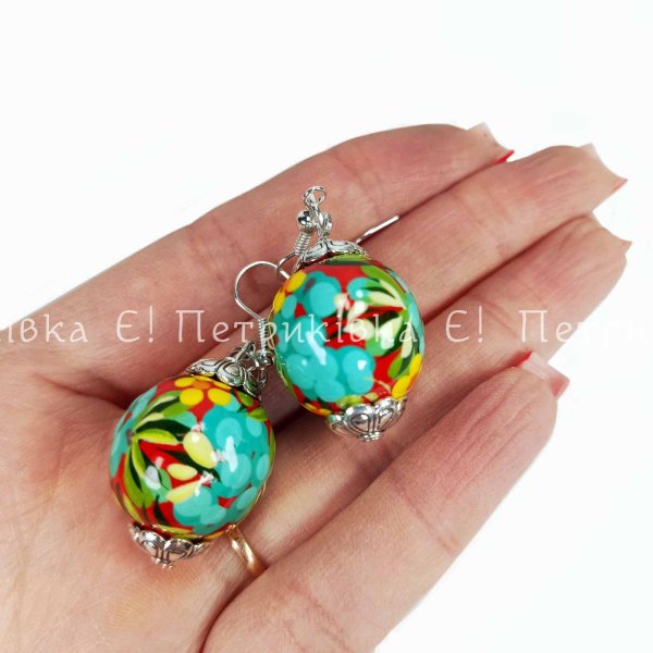 Набір намисто та сережки Петриківський розпис 9 бусин на червоному