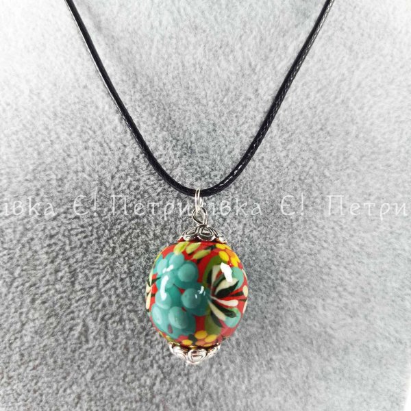 Кулон-намистина з Петриківським розписом "Бірюзова калина" на червоному