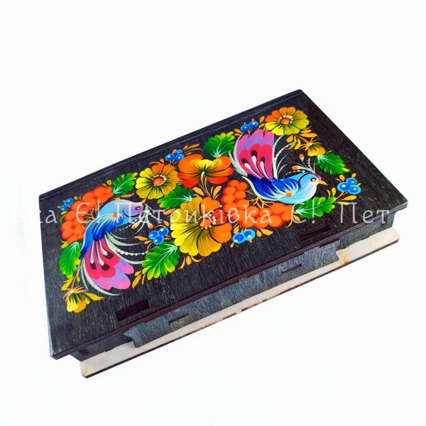 Скринька-купюрниця з Петриківьким розписом "Дивні птахи" ламінований горіх