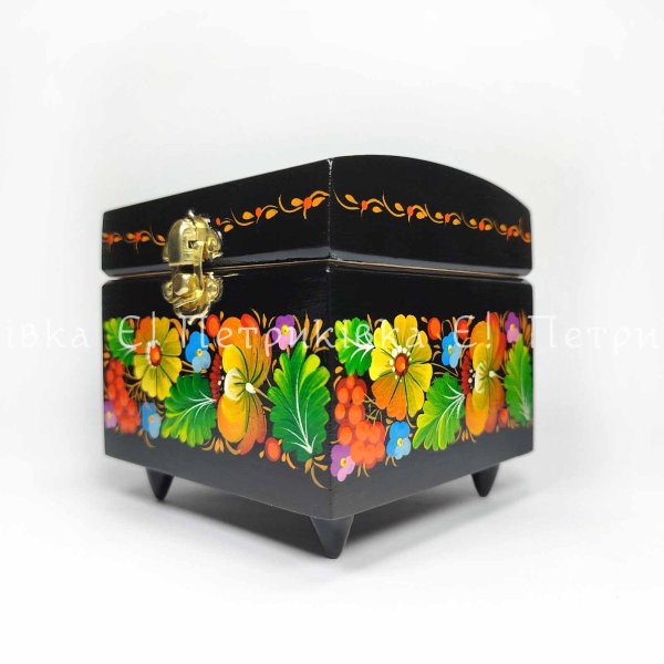 Шкатулка прямокутна  з Петриківським розписом 11 *11*10,5 см "З пташками" з бархатом