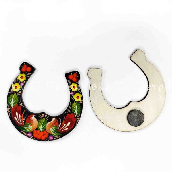 Магніт з Петриківським розписом "Підкова З двома пташками" (9х9 см)