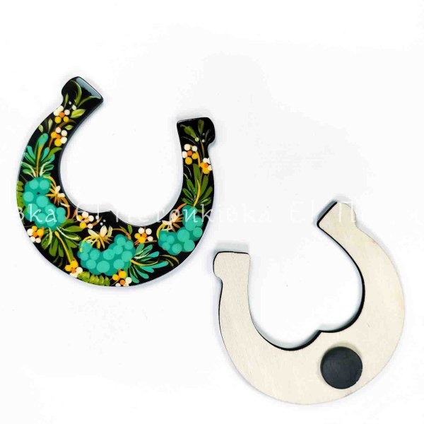 Магніт з Петриківським розписом "Підкова З бірюзовою калиною" (9х9 см)