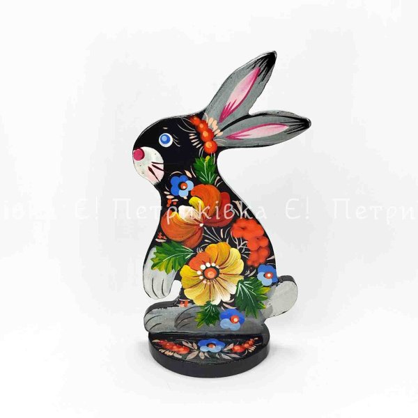 Зайка на подставке с Петриковской росписью серенький (11х7 см)