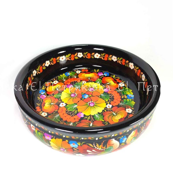 Candy dish (diameter 22 cm) with Petrykivka painting “With birds”