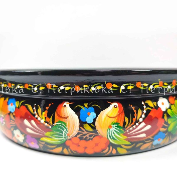 Candy dish (diameter 22 cm) with Petrykivka painting “With birds”