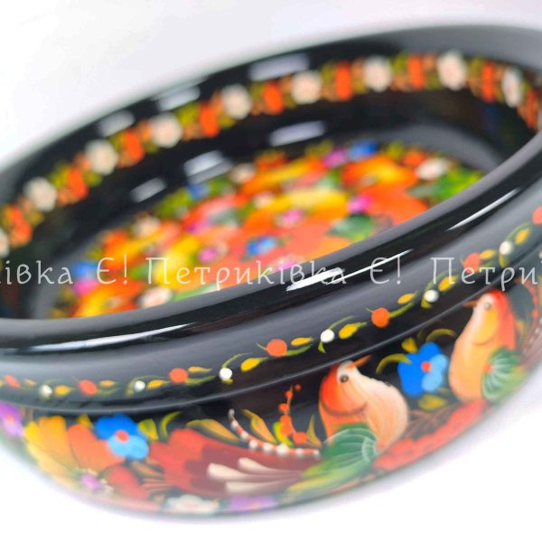 Candy dish (diameter 22 cm) with Petrykivka painting “With birds”