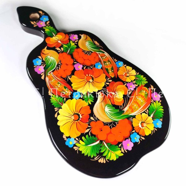 Large pear-shaped kitchen cutting board with Petrykivka painting “Three cuckoos” (31x18 cm)