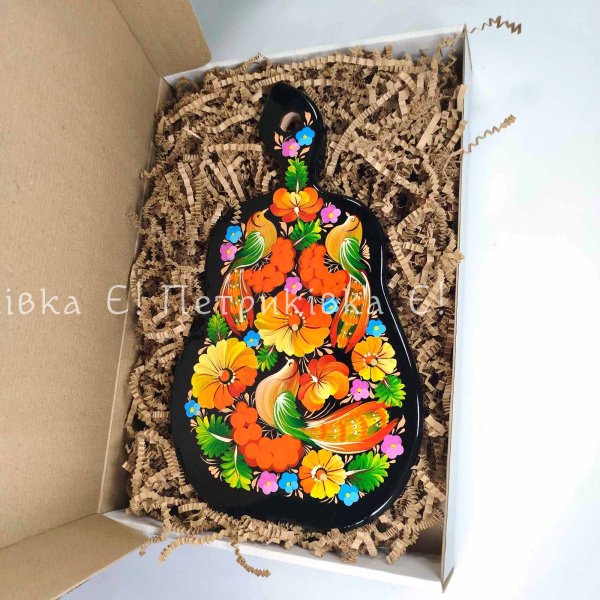 Large pear-shaped kitchen cutting board with Petrykivka painting “Three cuckoos” (31x18 cm)