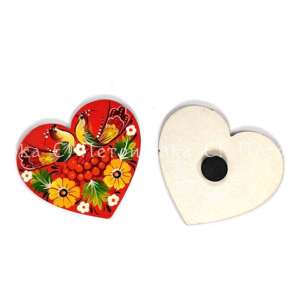 Магнит с Петриковской росписью "Сердечко С двумя птицами" (ширина 9 см)